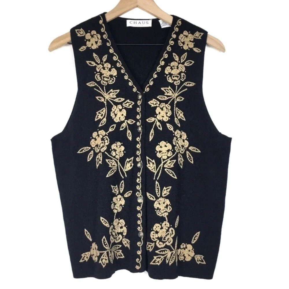 CHAUS Vest Silk Sweater Knit Embroidered Floral Dark Academia Petite Size Medium - Picture 1 of 6